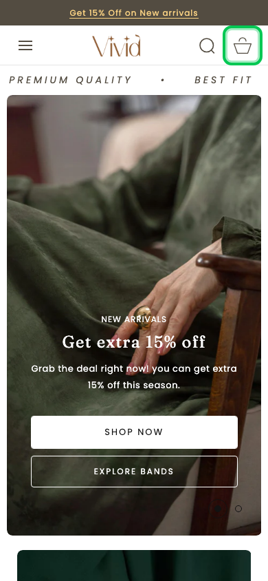 Cart → panel opened — Navi+ on the Vivid Shopify theme