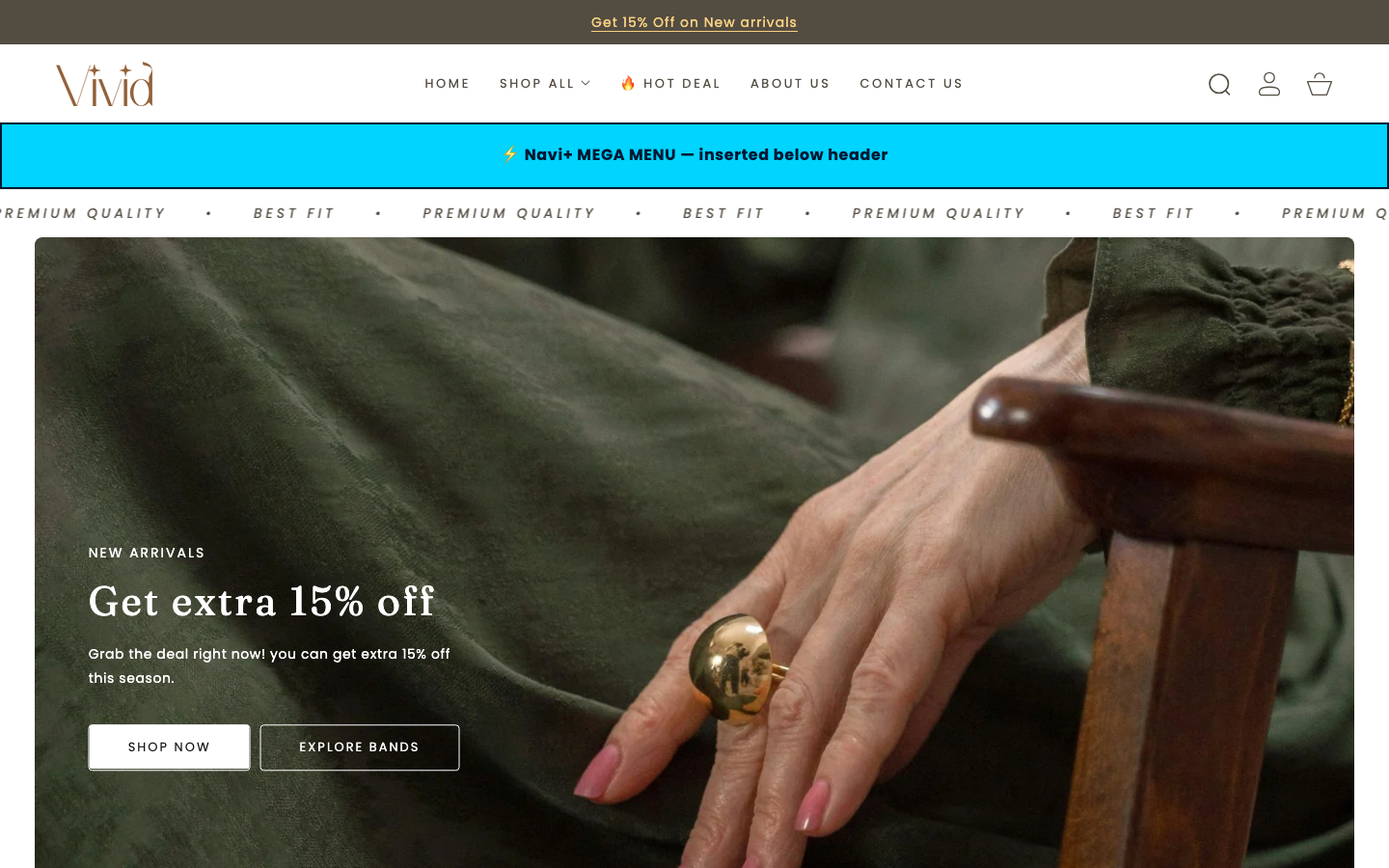 Menu inserted below header — Navi+ on the Vivid Shopify theme