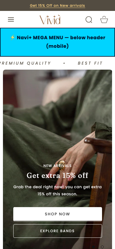 Menu inserted below header — Navi+ on the Vivid Shopify theme