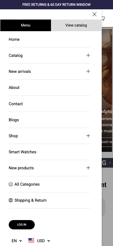 Hamburger → panel opened — Navi+ on the Yuva Shopify theme