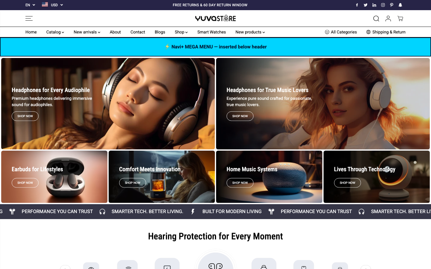 Menu inserted below header — Navi+ on the Yuva Shopify theme