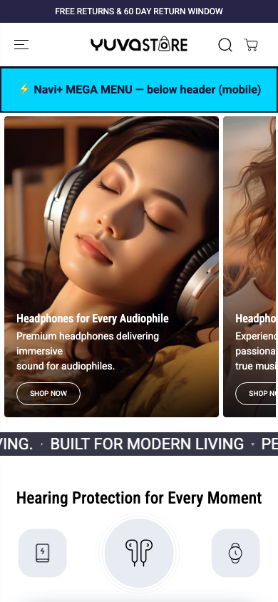 Menu inserted below header — Navi+ on the Yuva Shopify theme